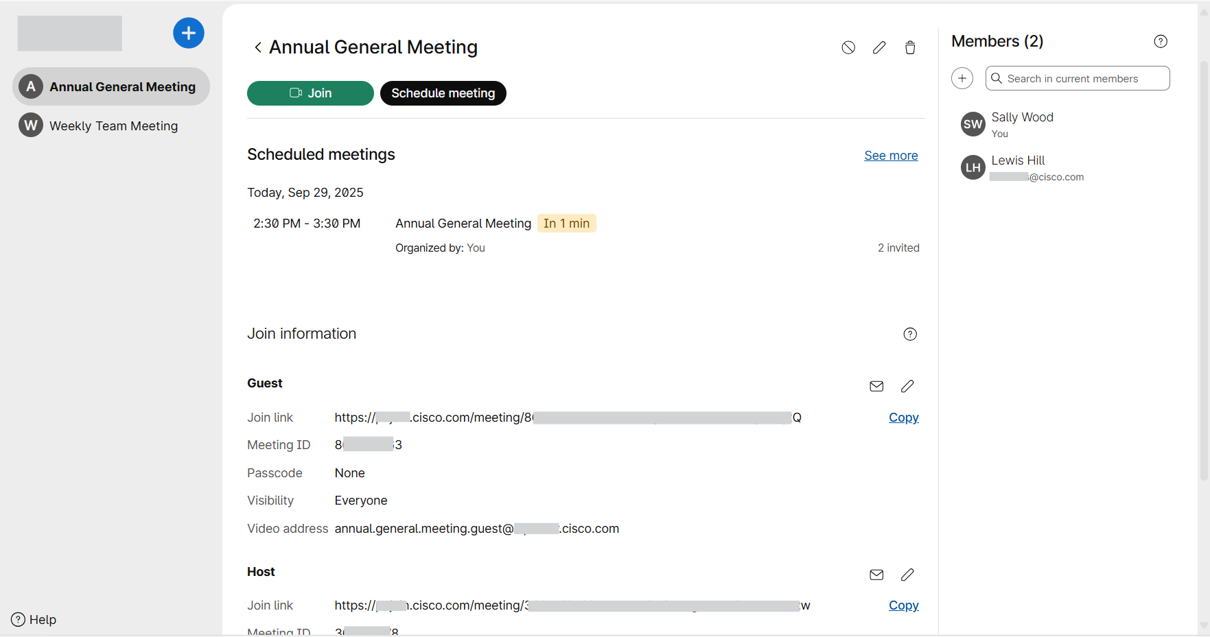 Space join page shows meeting ID, meeting link, and other joining information